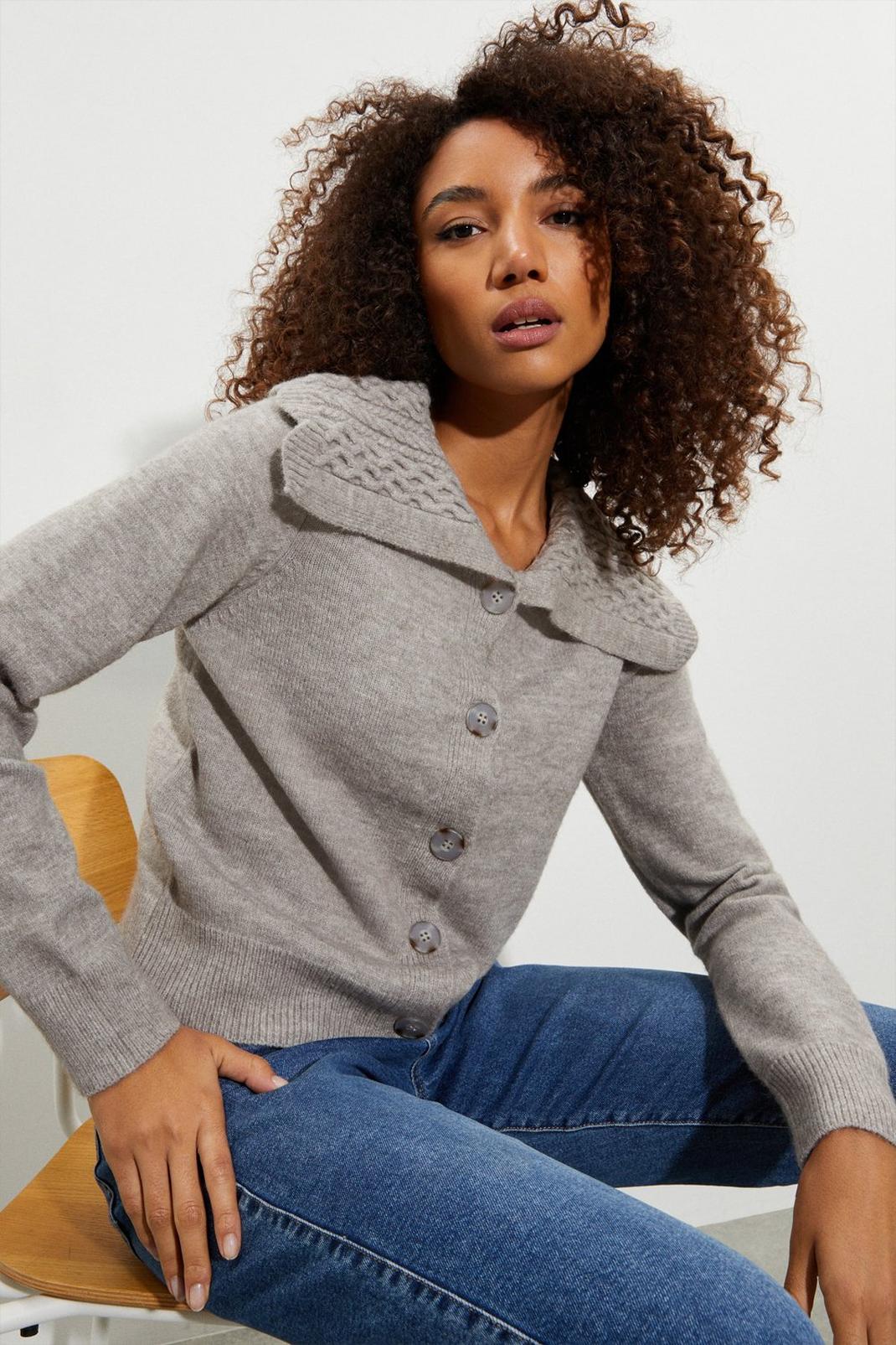 Grey Cable Collar Knitted Cardigan image number 1