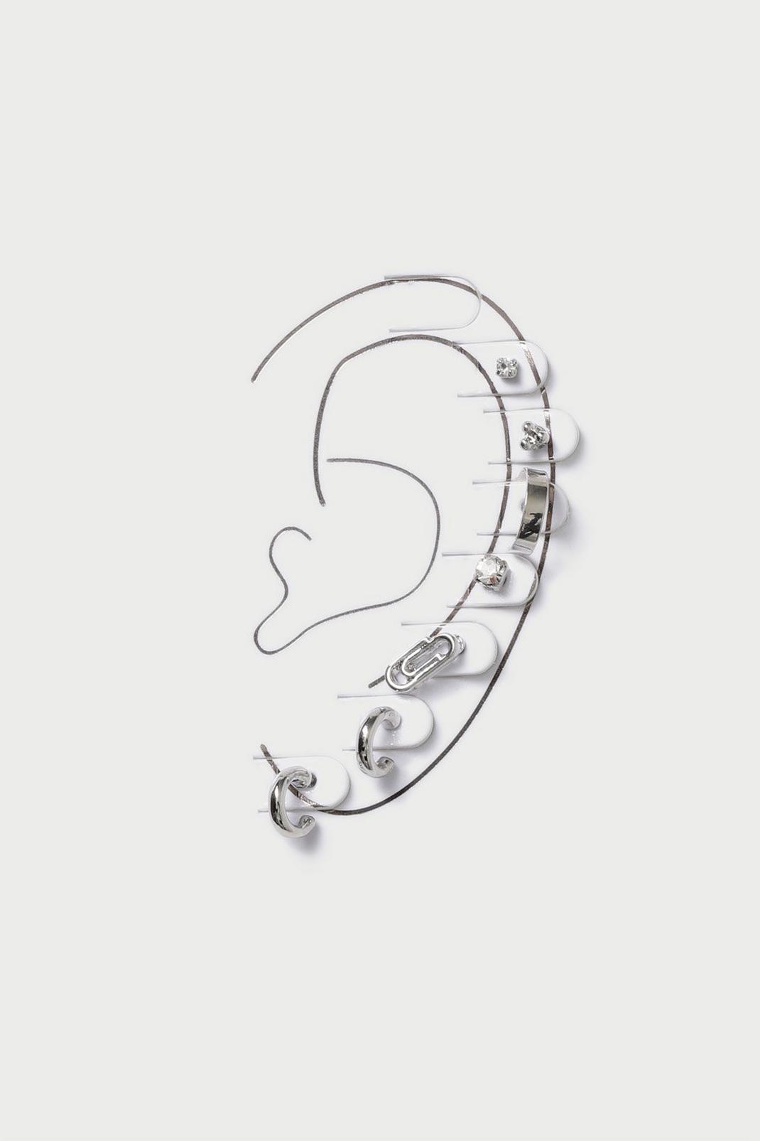 Silver Paper Clip & Hoop Ear Cuff 7 Pack image number 1
