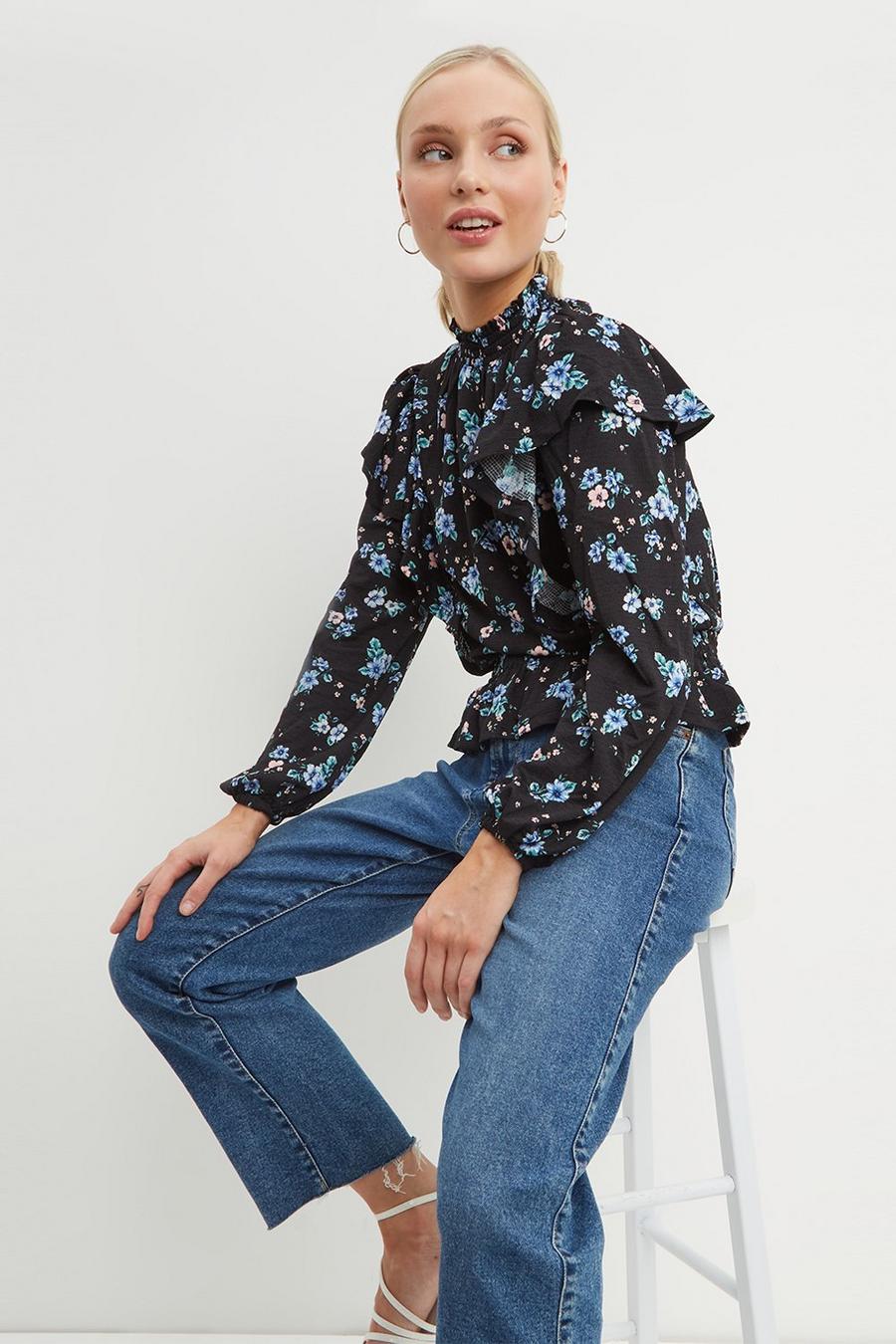 Petite Floral Ruffle Textured Top