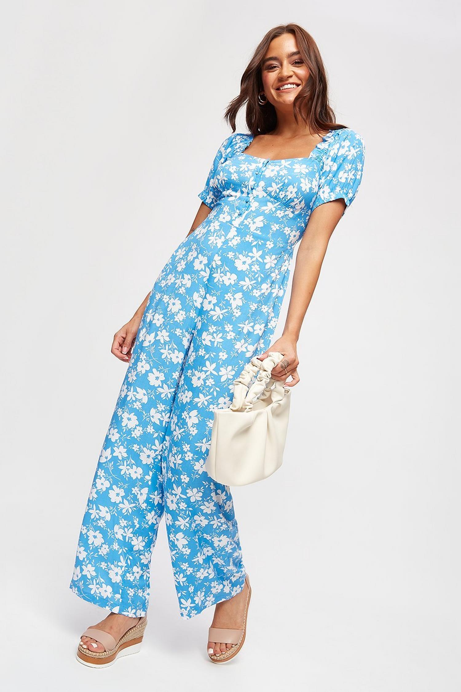 blue floral jumpsuit