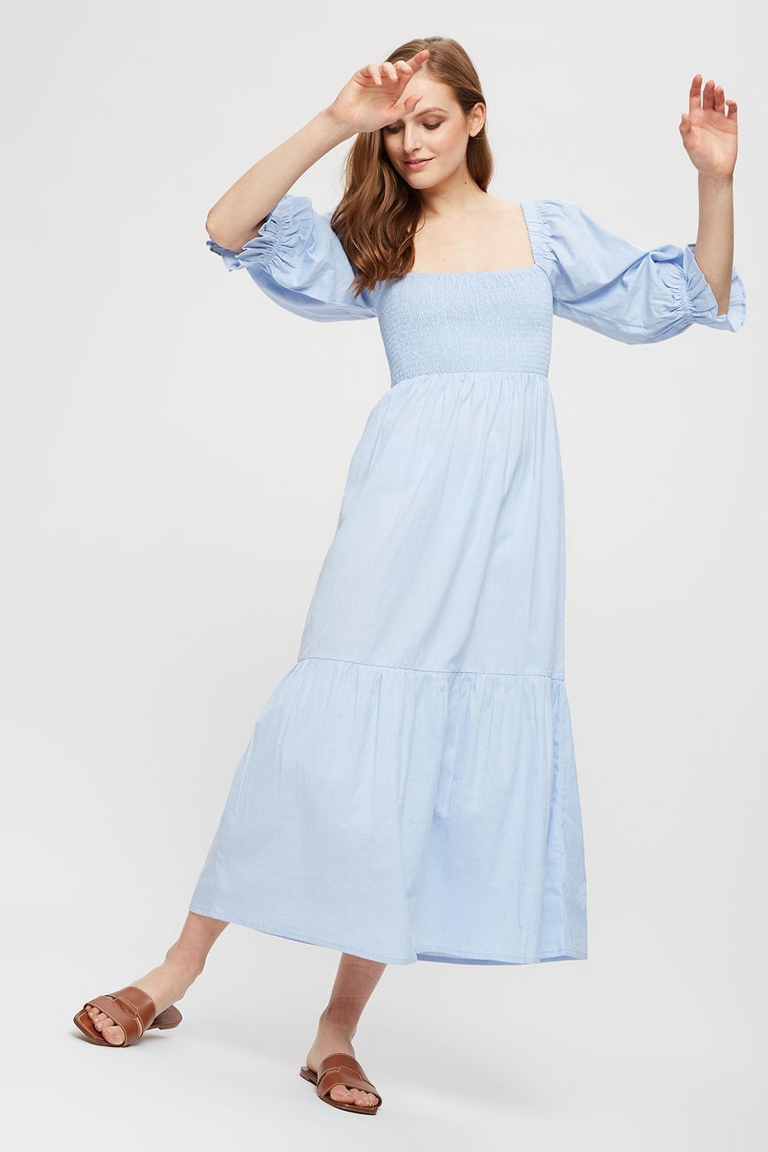 Blue Puff Sleeve Shirred Midi Dress | Dorothy Perkins UK