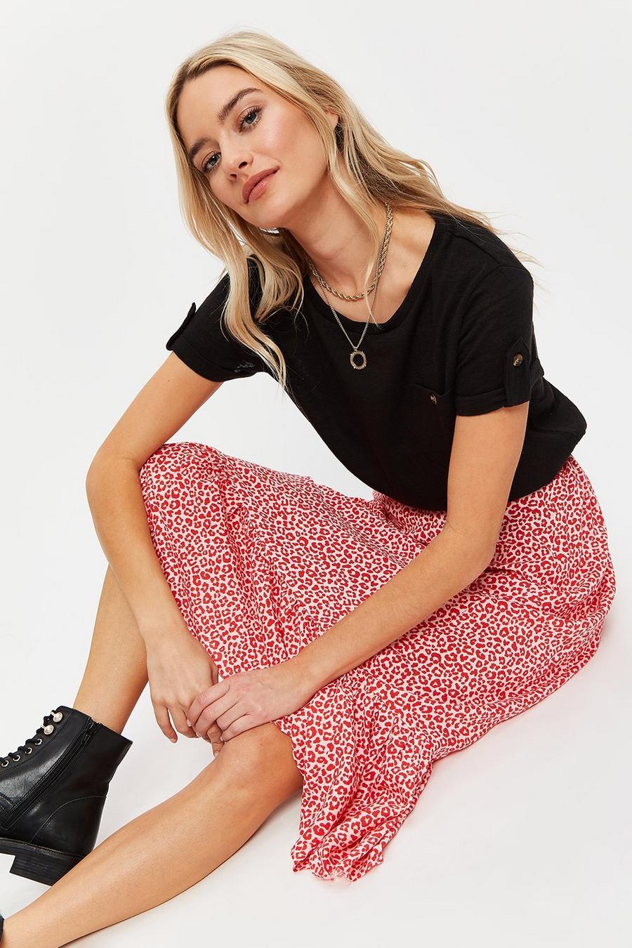 Petite Pink & Red Leopard Frill Detail Skirt