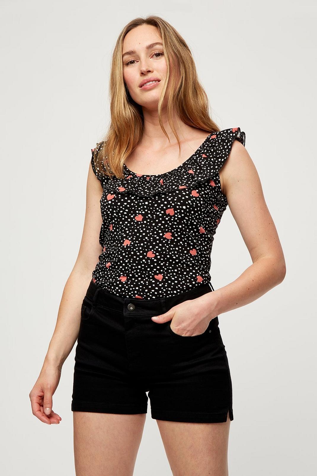 105 Heart Print Frill Neck Top image number 1