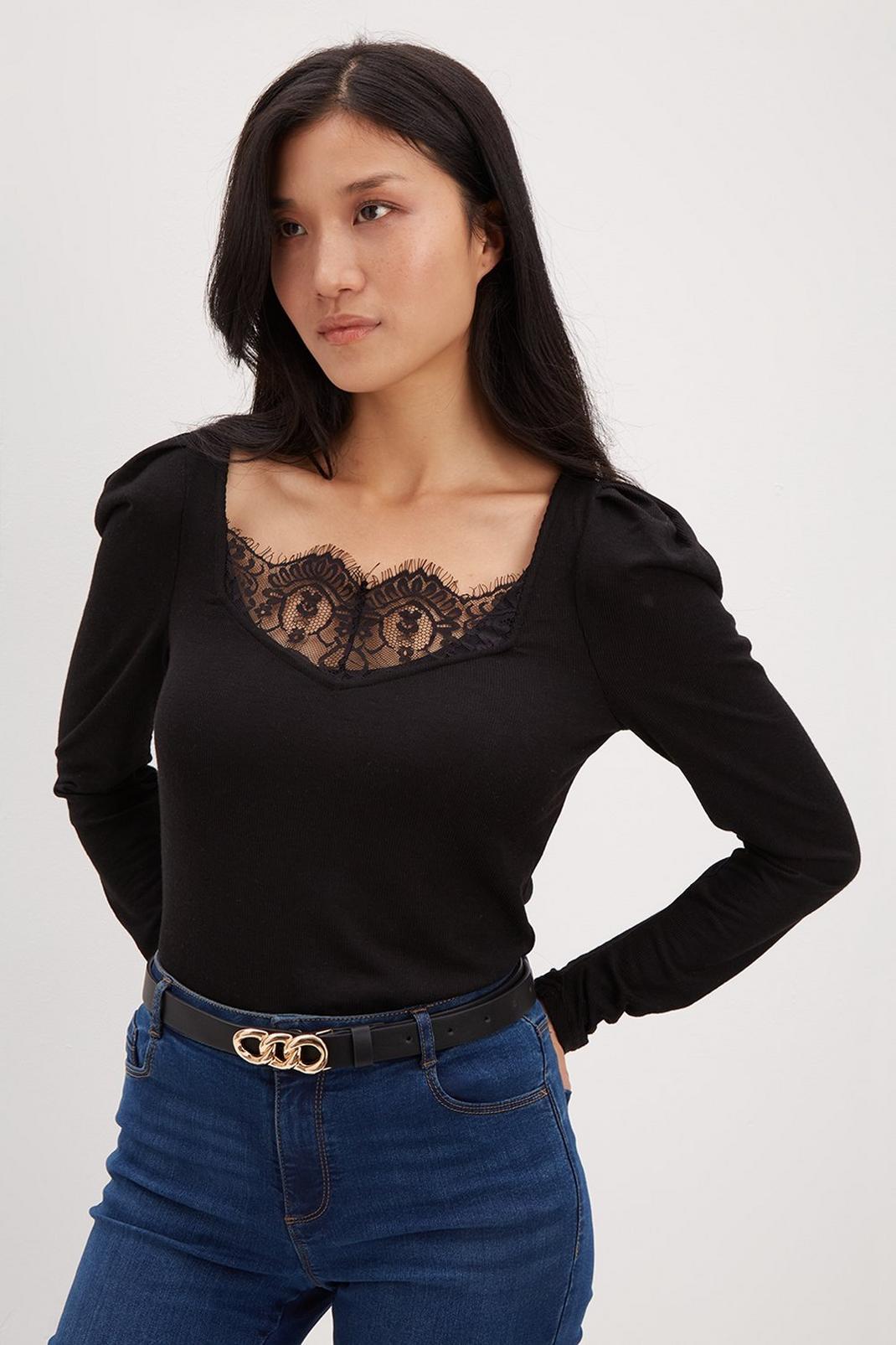 105 Rib Lace Trim Long Sleeve Top image number 1