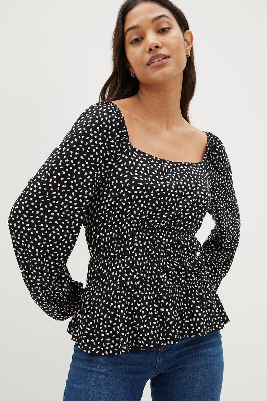 Black Spot Square Neck Ruched Top