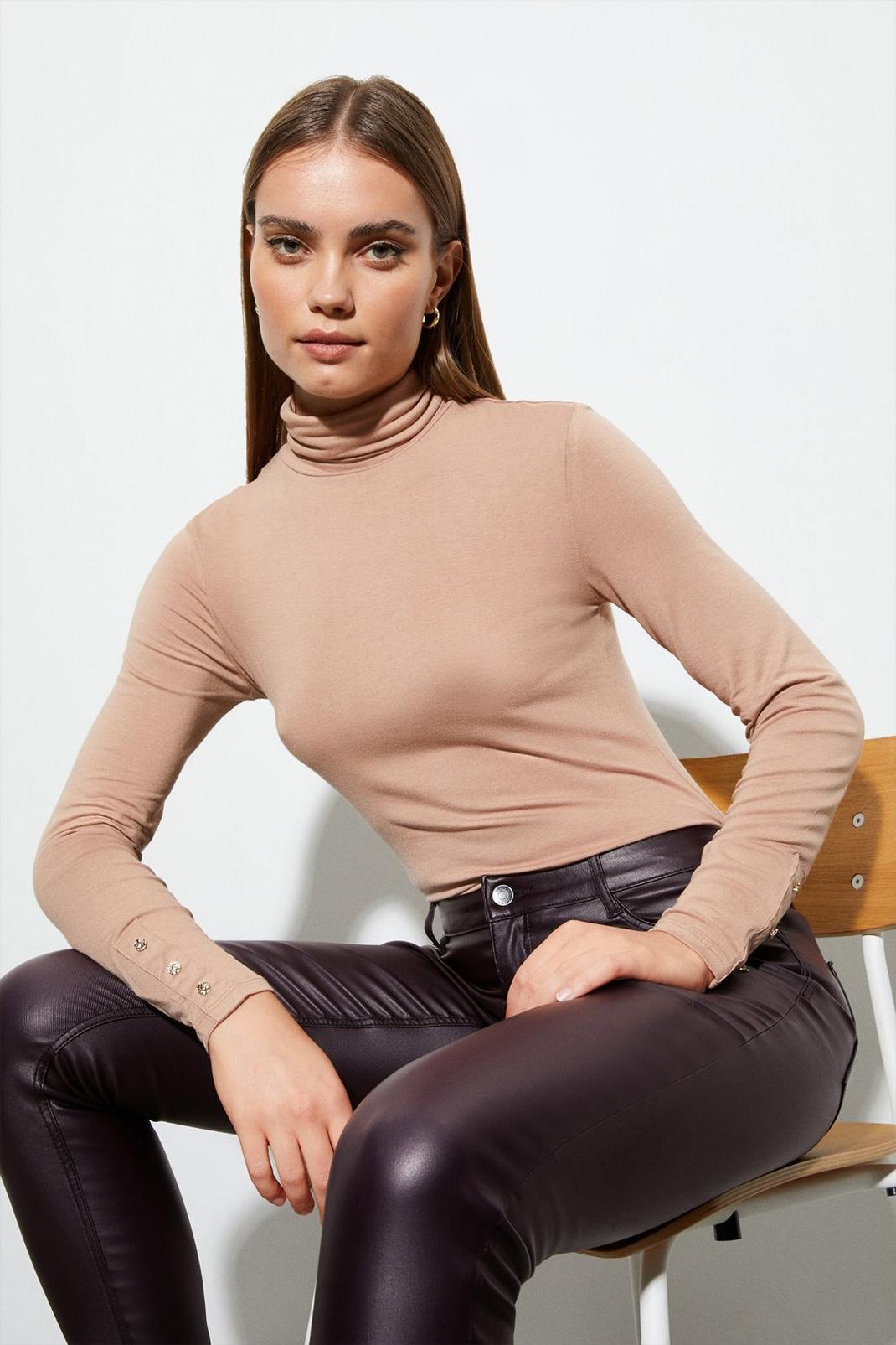 Camel Button Cuff Roll Neck Top image number 1