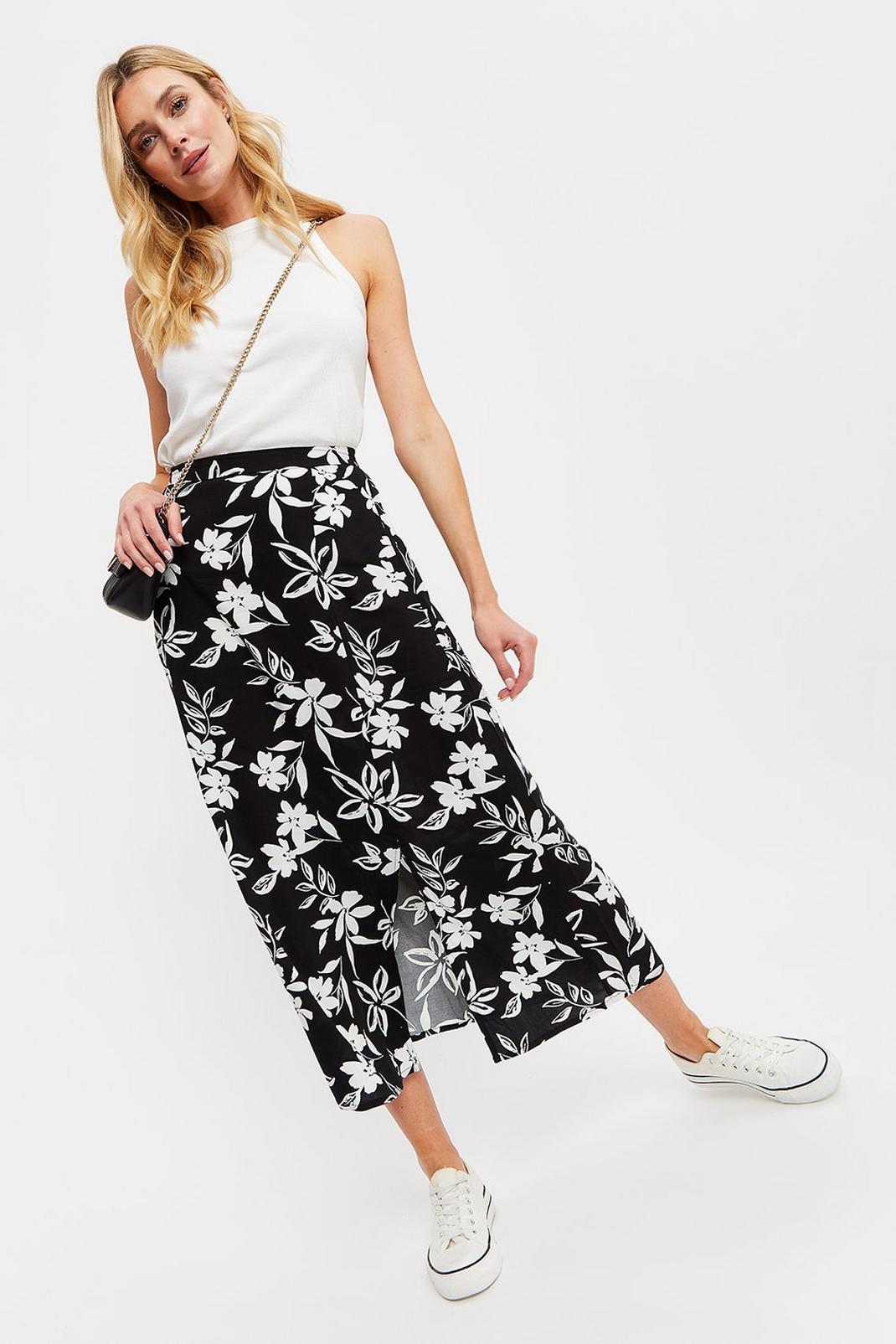 808 Tall Mono Silhouette Floral Midi Skirt image number 1