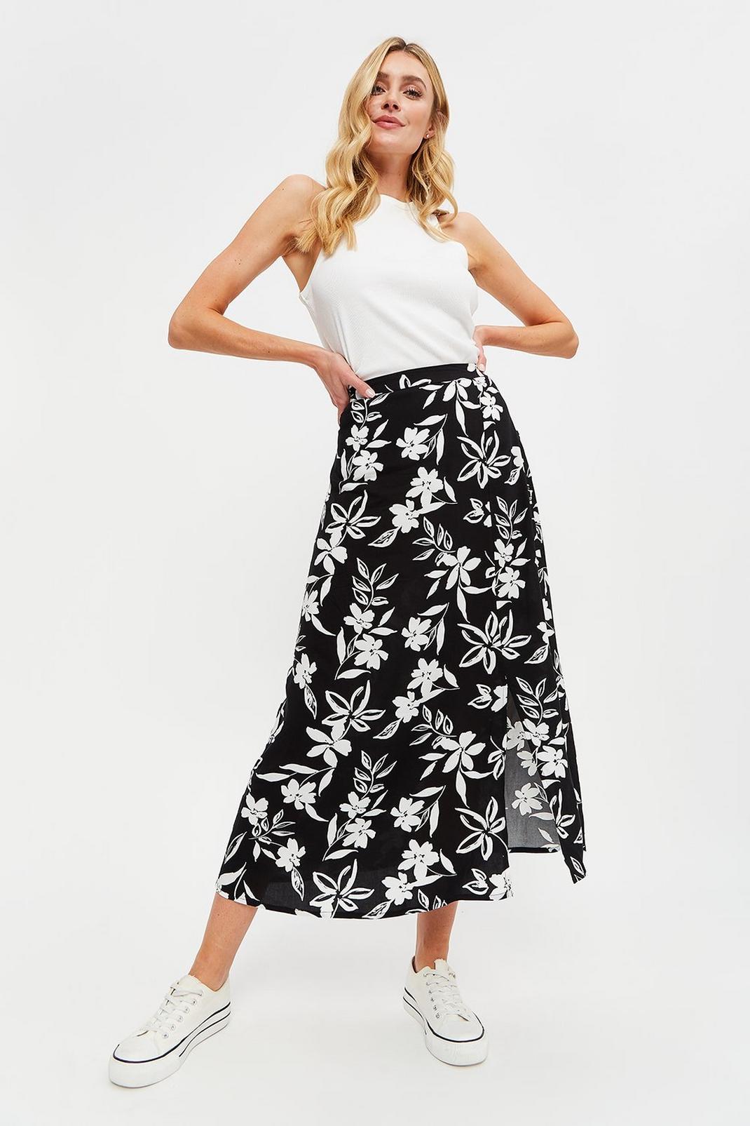 808 Tall Mono Silhouette Floral Midi Skirt image number 2