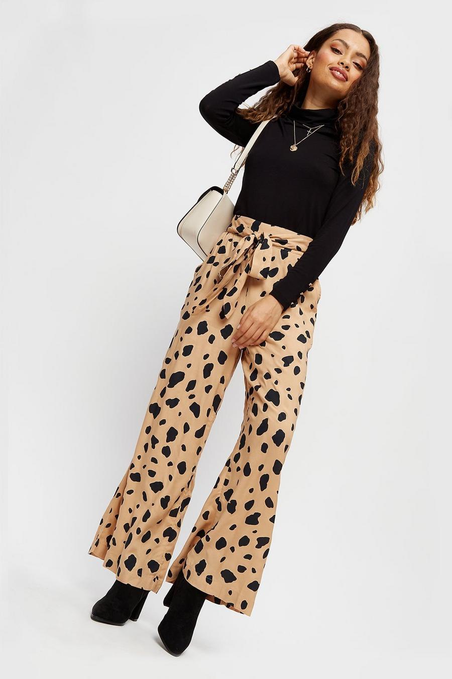 Petite Large Leopard Belted Wide Leg Trousers