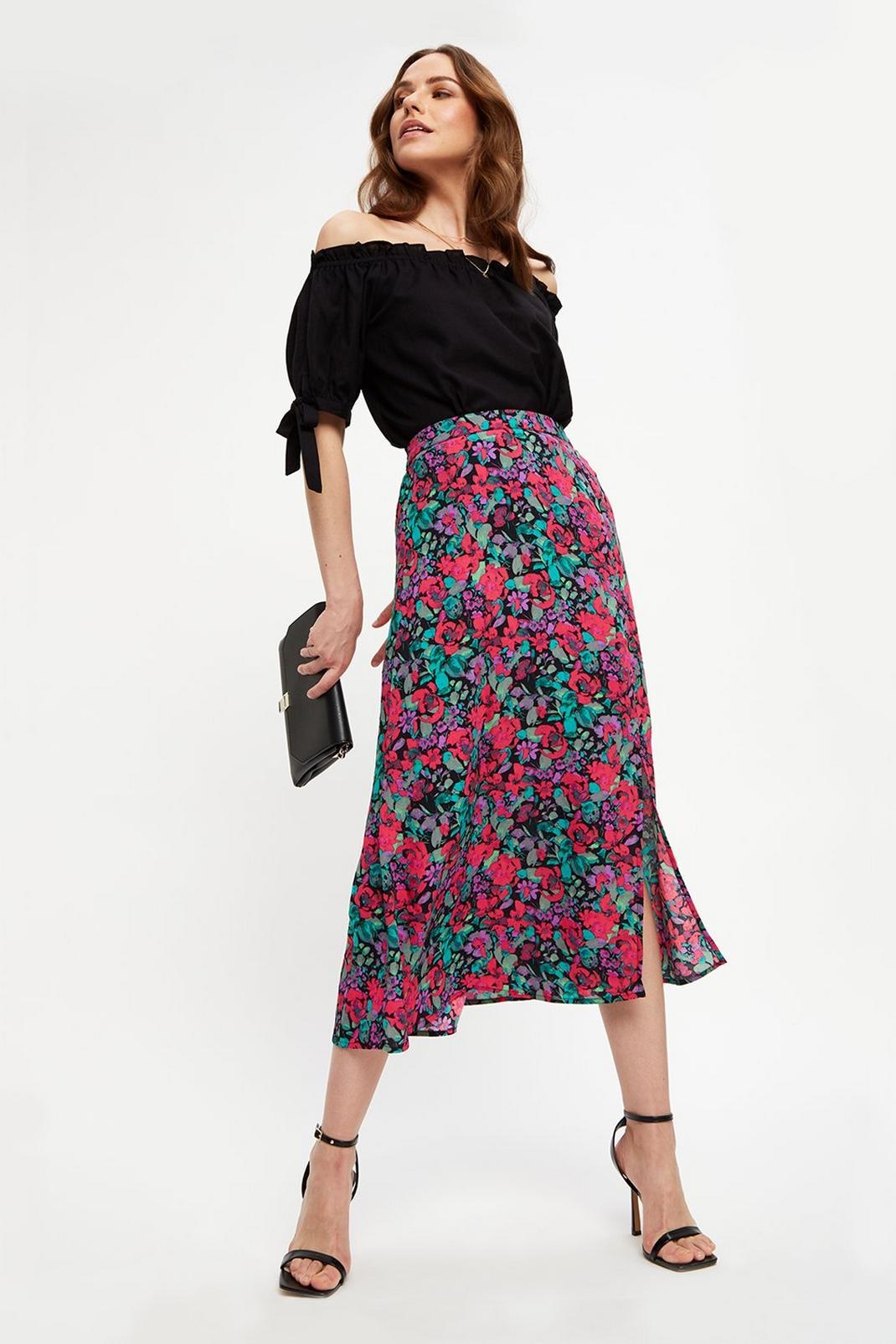191 Multi Floral Pull On Split Front Midi Skirt image number 2