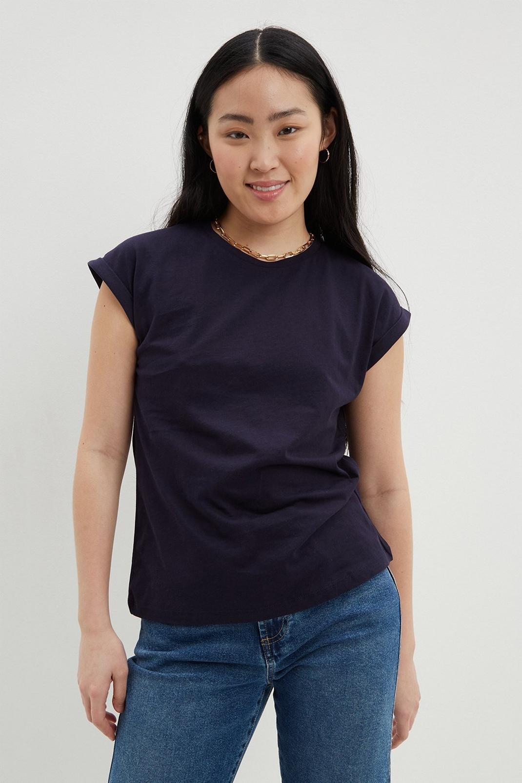 Navy Petite Cotton Roll Sleeve T-shirt image number 1
