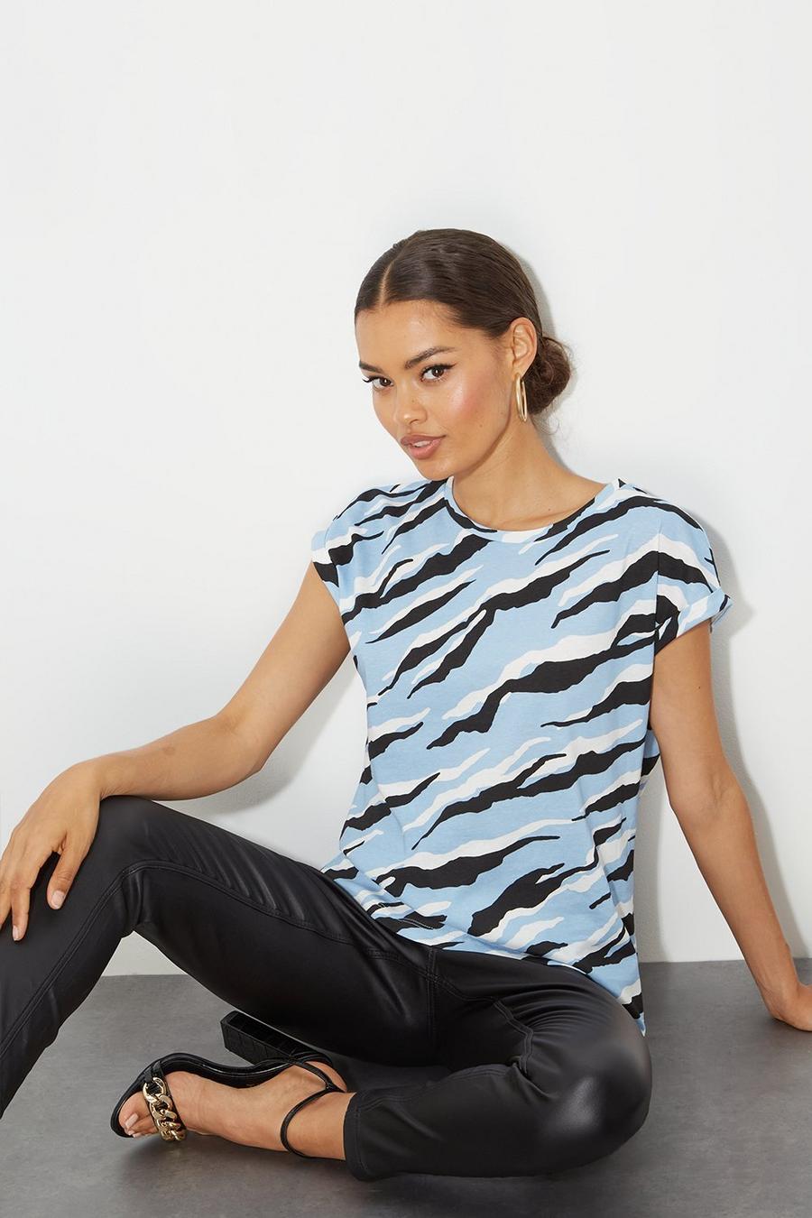 Petite Blue Zebra Organic Cotton Roll Sleeve T-shirt