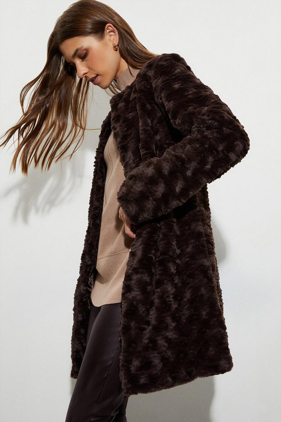 Collarless Textured Long Ripple Faux Fur Coat