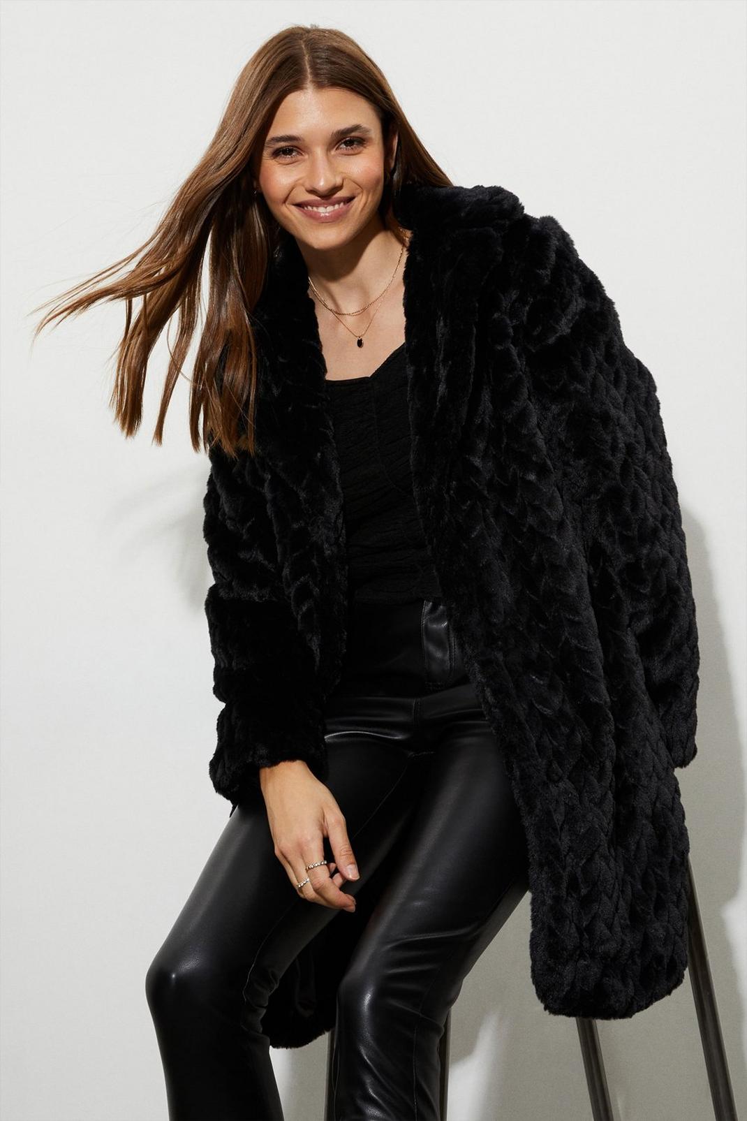 Black Longline Textured Faux Fur Coat image number 1