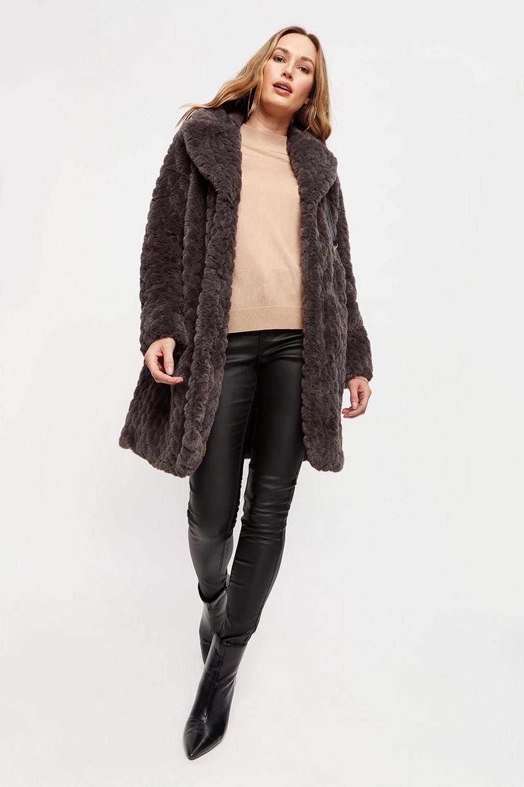 115 Collar And Revere Long Textured Faux Fur Ripple Coat image number 1
