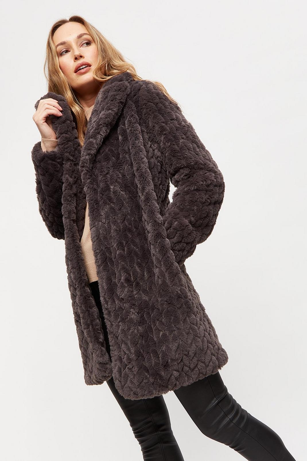 115 Collar And Revere Long Textured Faux Fur Ripple Coat image number 2