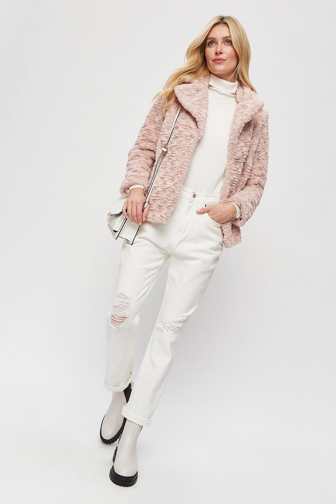 Blush Collar And Revere Short Textured Ripple Faux Fur Coat image number 1