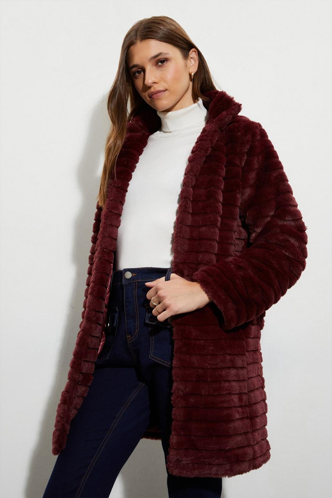 Berry Longline Stripe Faux Fur Coat image number 1