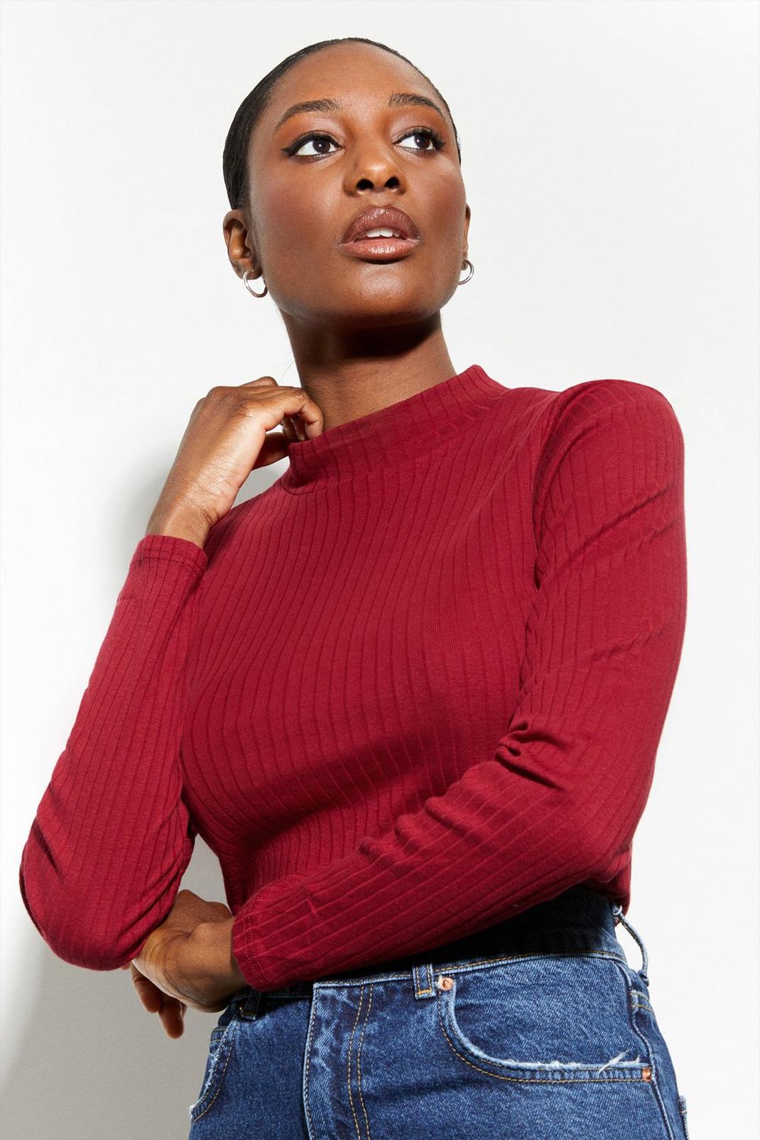 Wine Cotton Rib Funnel Neck Top image number 1