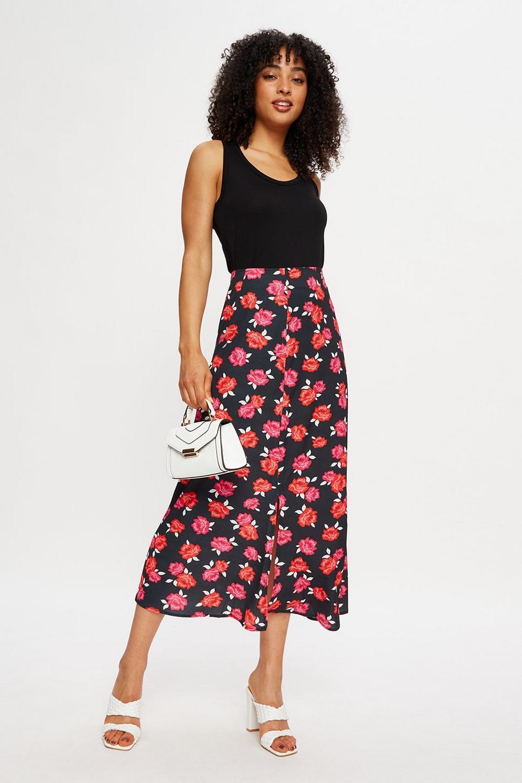 105 Red & Pink Roses Midi Skirt image number 1