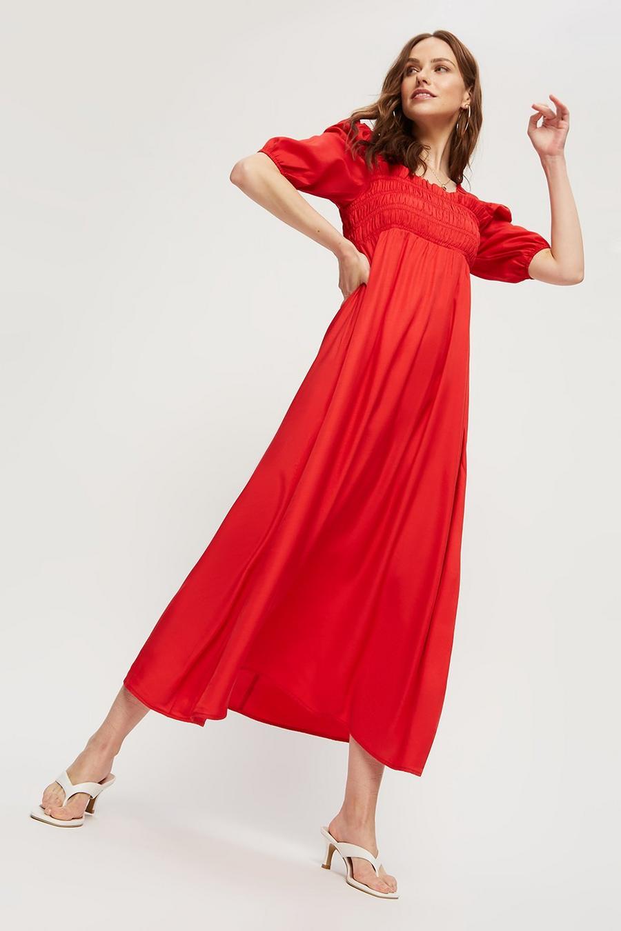 Red Shirred Midi Dress