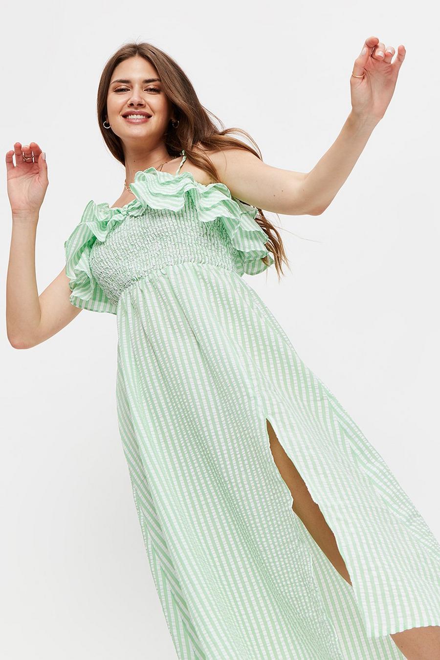 Green Stripe Ruffle Strappy Midi Dress