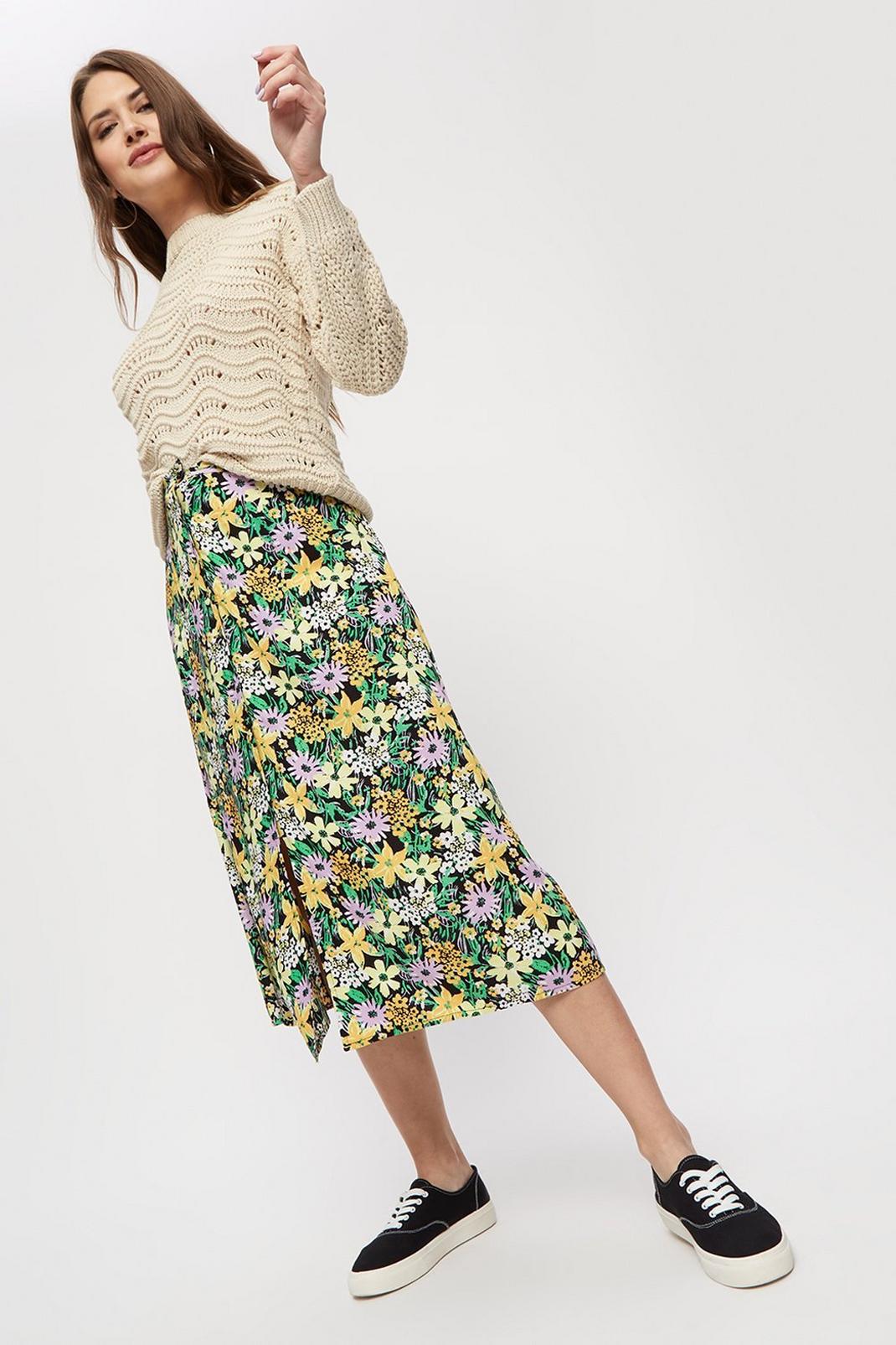144 Painted Multi Floral Button Midi Skirt image number 1