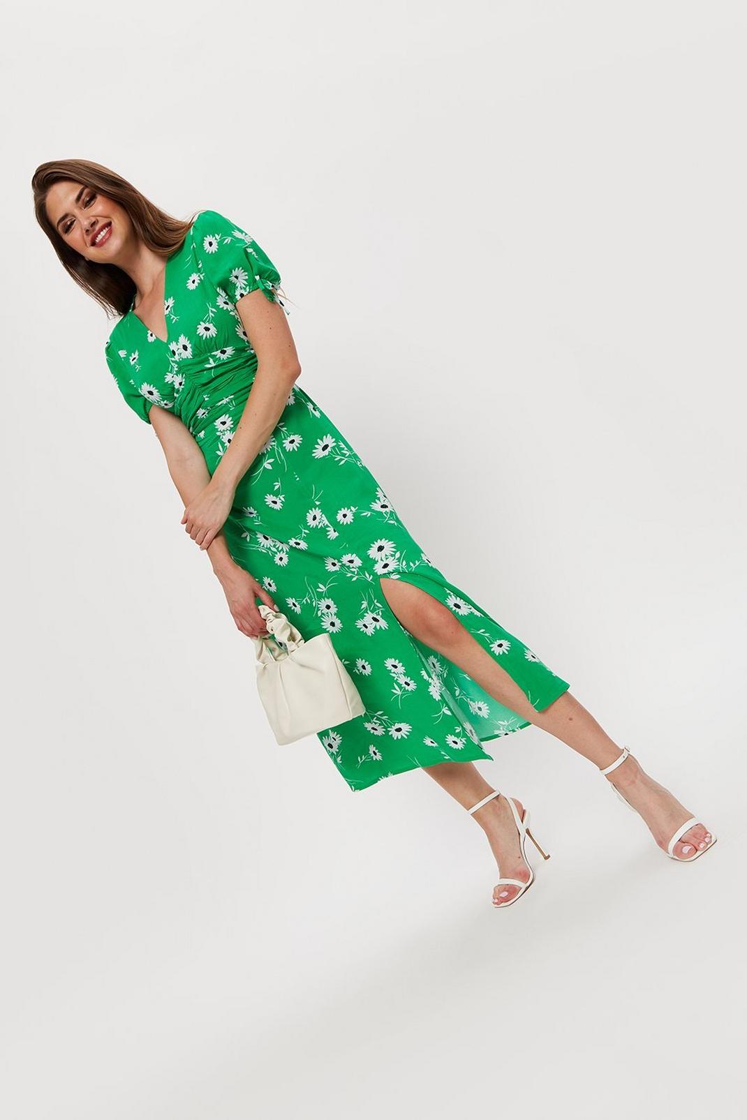 130 Apple Green Floral Ruched Waist Midaxi Dress image number 2