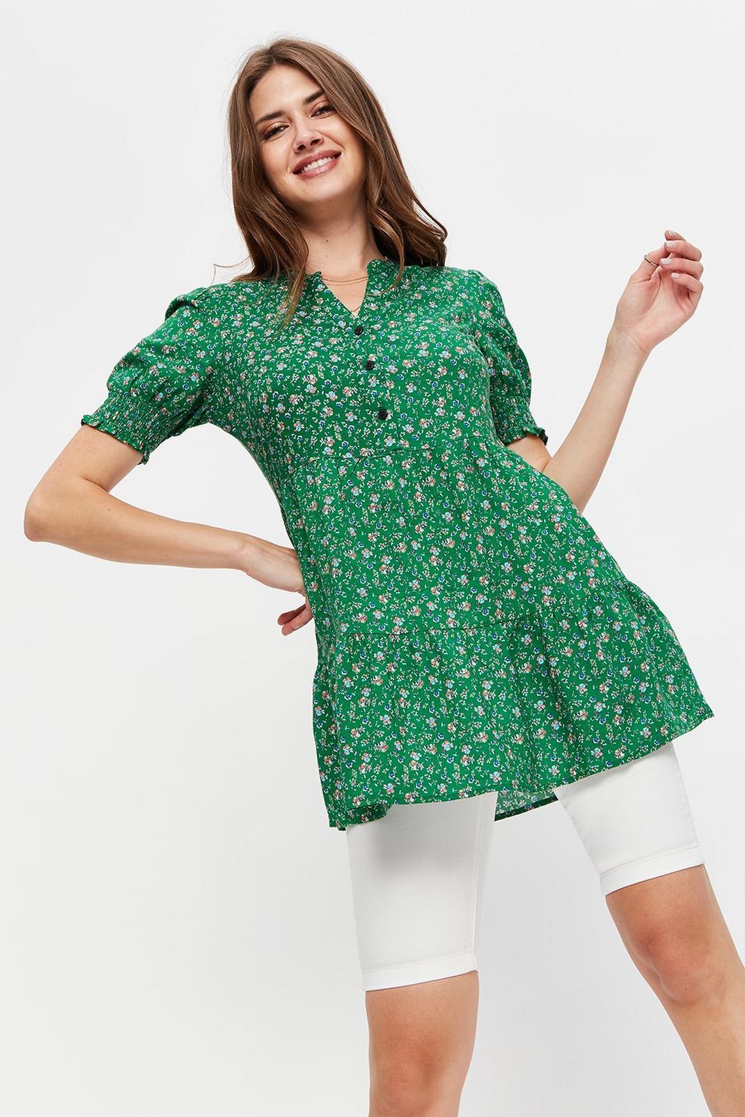 130 Green Ditsy Button Front Tunic Top image number 2