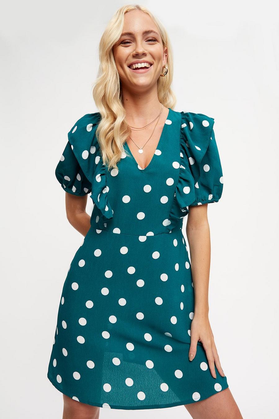 Green Spot Ruffle Mini Dress