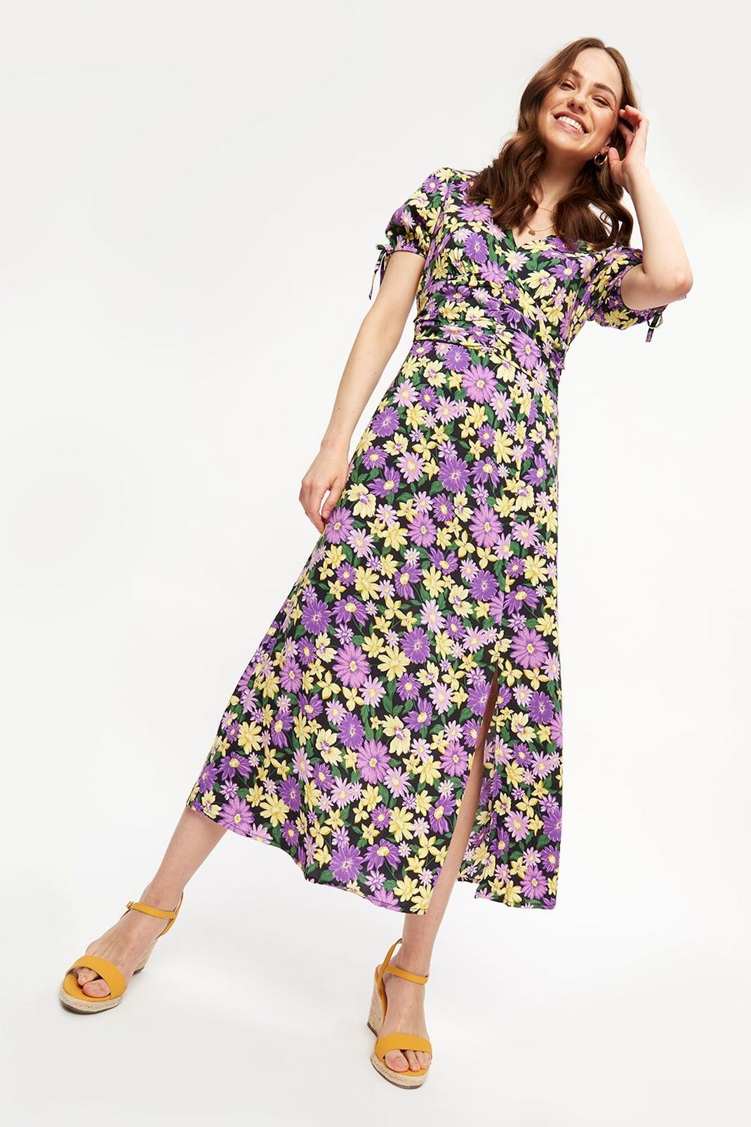 156 Purple Floral Ruched Waist Midaxi Dress image number 1