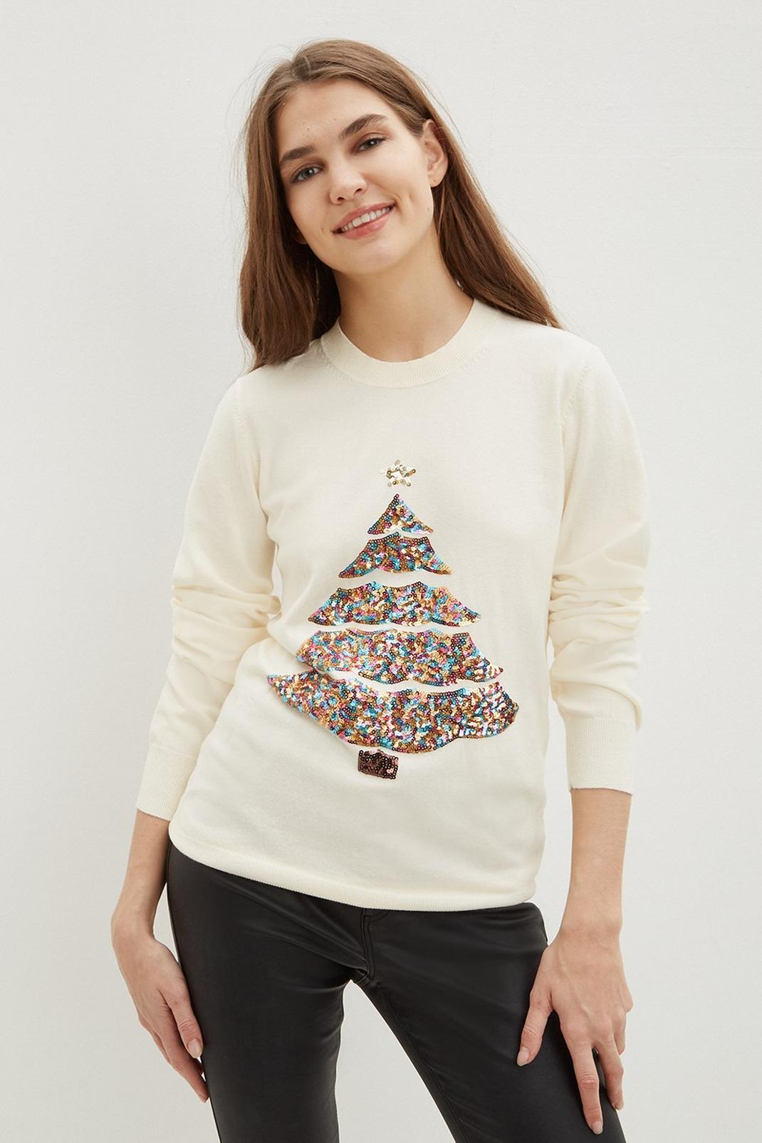 Ivory Christmas Sequin Tree Jumper image number 1