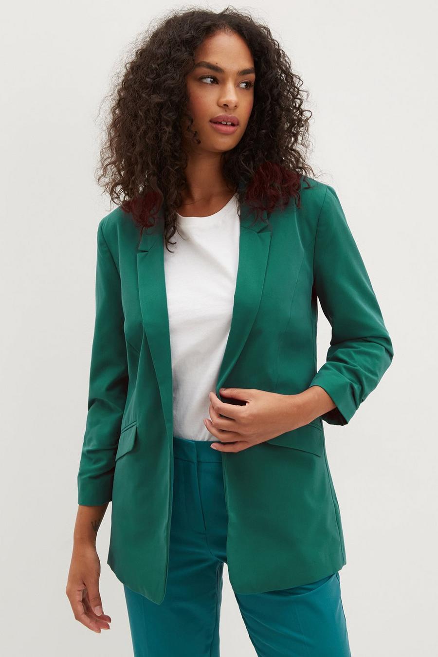 Tall Emerald Ruched Sleeve Blazer