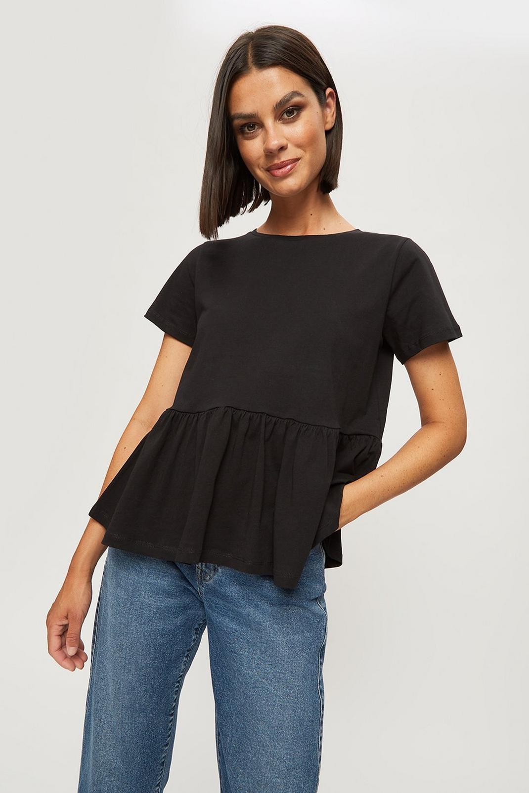 Black Relaxed Peplum Cotton T Shirt image number 1