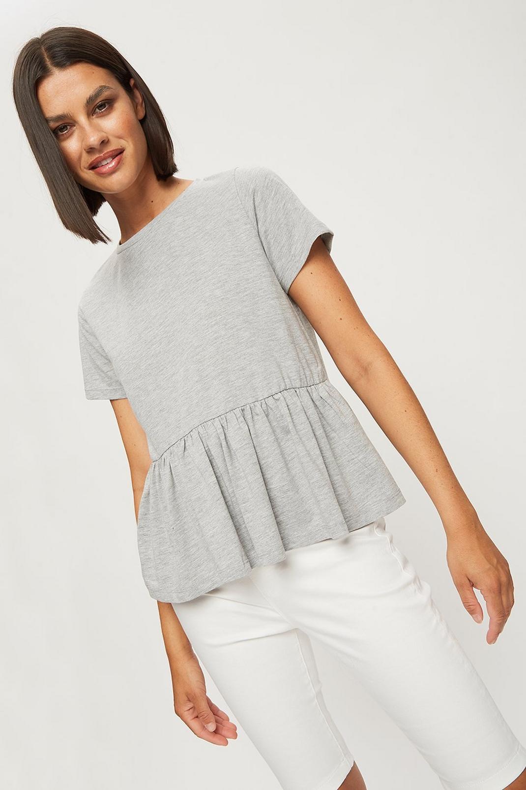 Grey marl Relaxed Peplum Cotton T Shirt image number 1