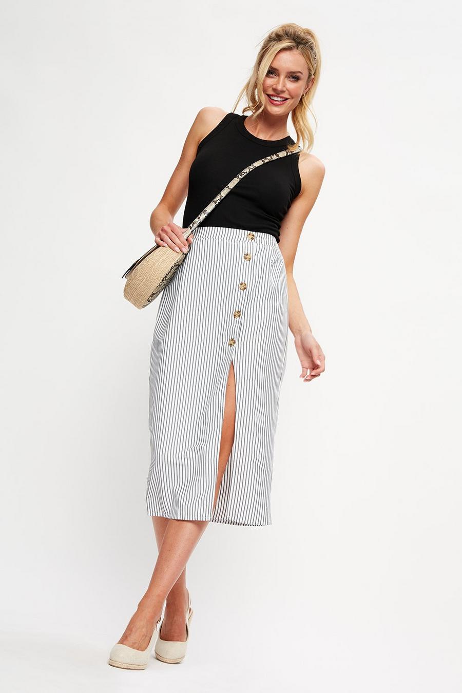 Cream Stripe Split Button Midi Skirt