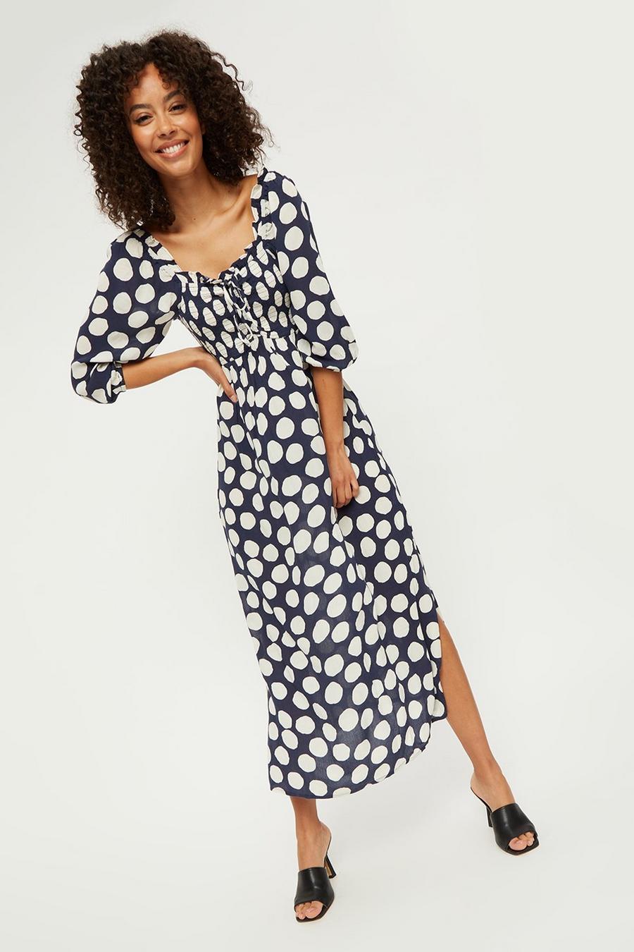 Navy Spot Ruched Front Shirred Midi Dress