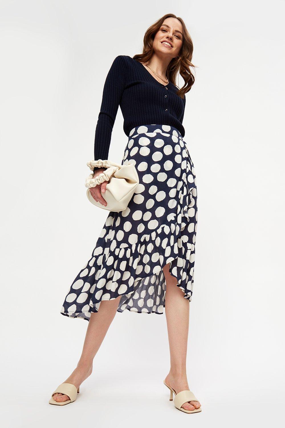 navy and white spotted skirt