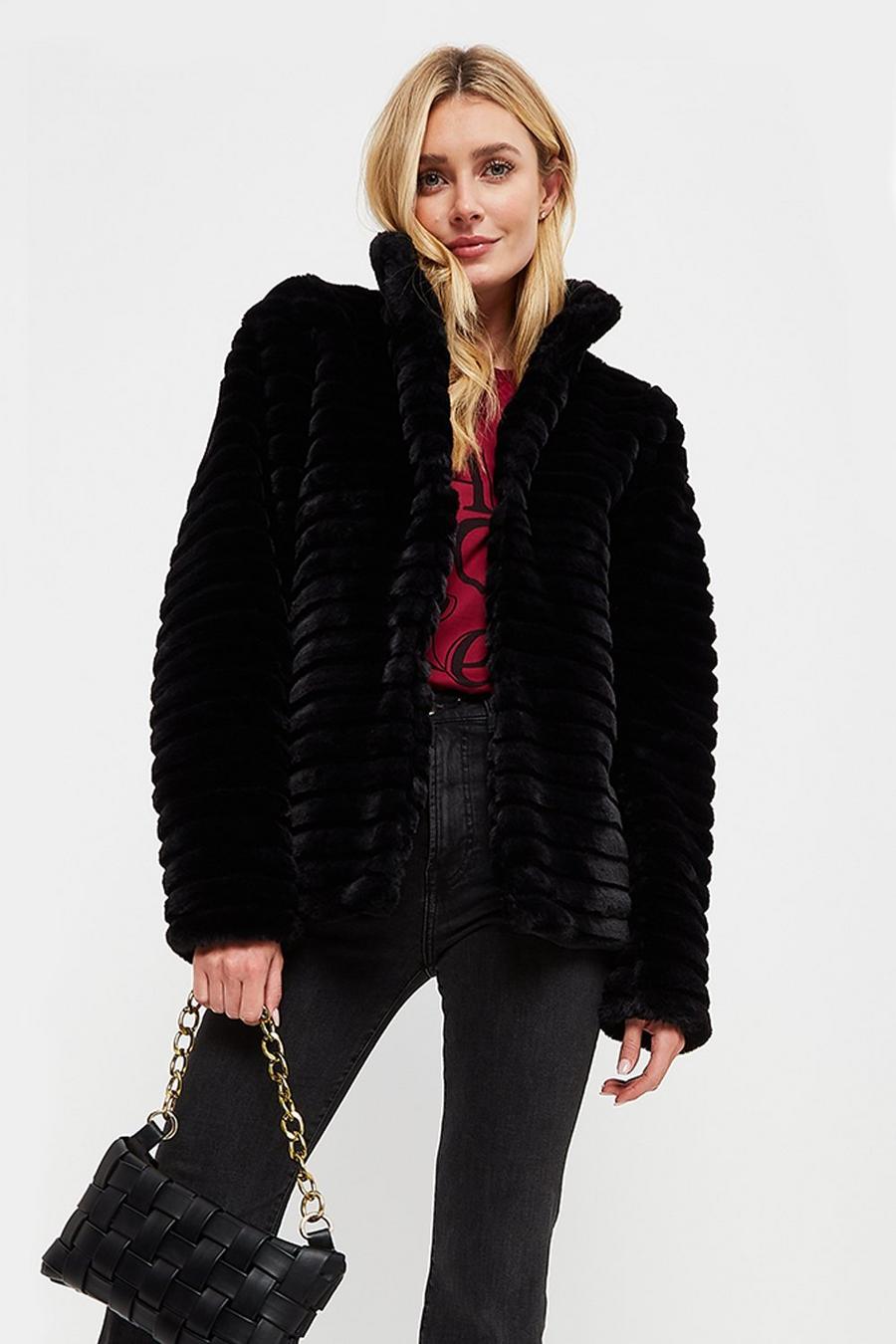 Tall Black Short Stripe Faux Fur Coat