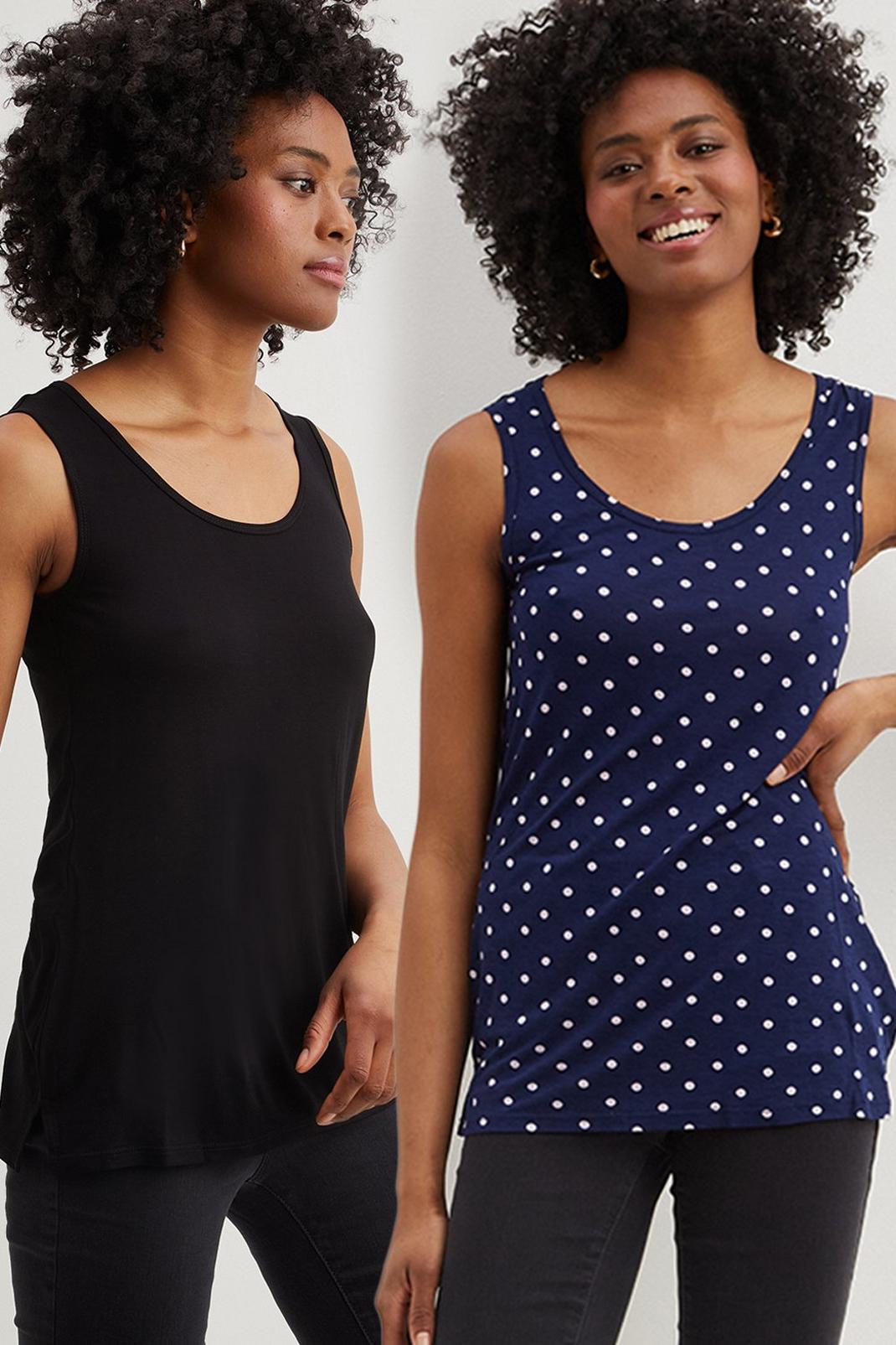 Tall 2 Pack Black And Spot Print Vest Top image number 1