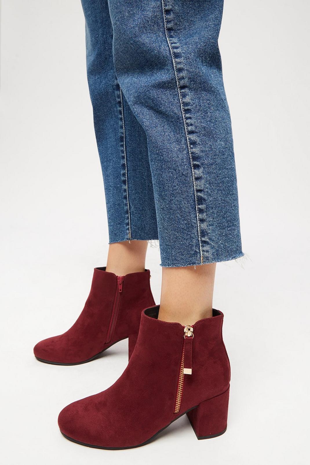 Burgundy Wide Fit Amber Side Zip Block Heel Jeans Boot image number 1