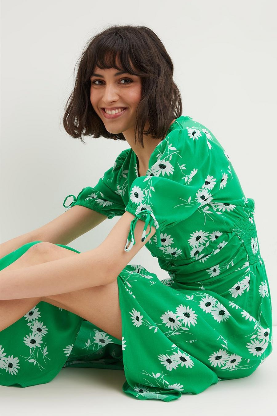 Tall Green Daisy Floral Ruched Waist Midaxi Dress