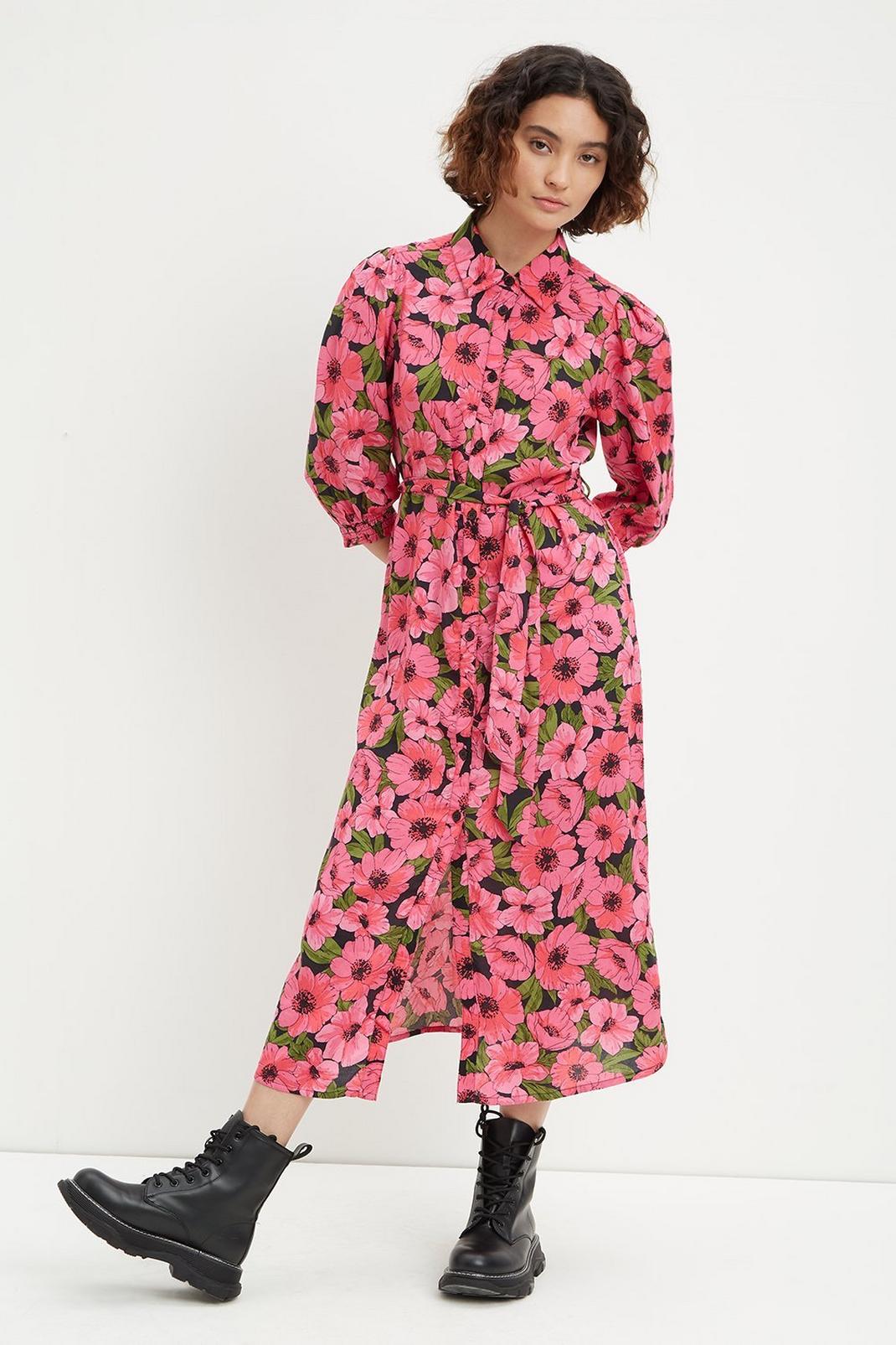 155 Petite Pink And Green Floral Midi Shirt Dress image number 1