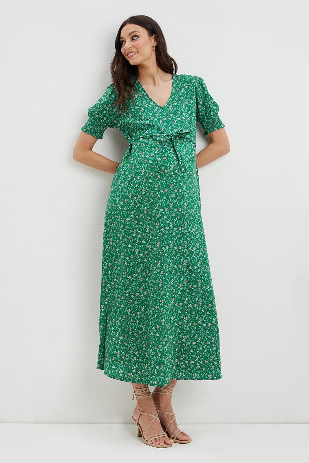 Dark green Maternity Green Floral Print Tie Detail Maxi Dress image number 1