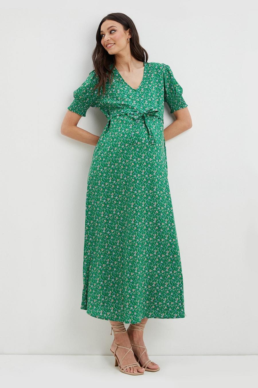 Maternity Green Floral Print Tie Detail Maxi Dress
