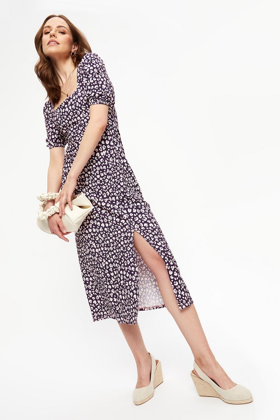 148 (AY) Navy And Pink Animal Square Neck Midi Dress image number 2