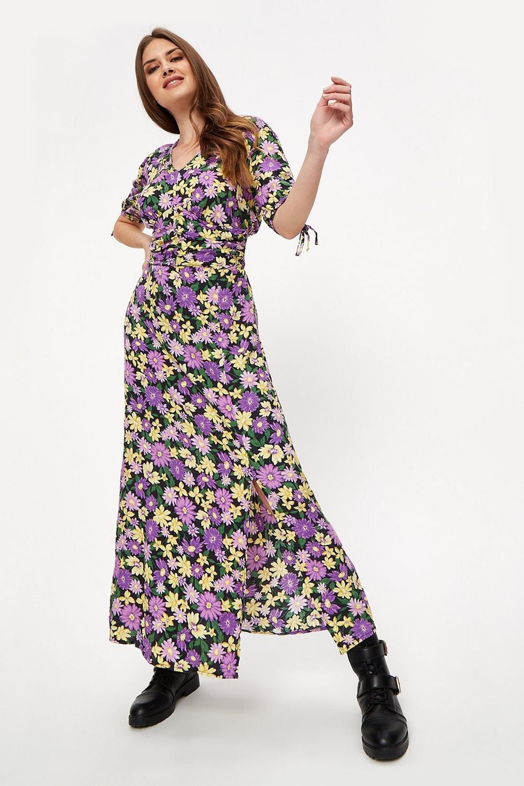 Tall Purple And Yellow Daisy Ruched Midaxi image number 1