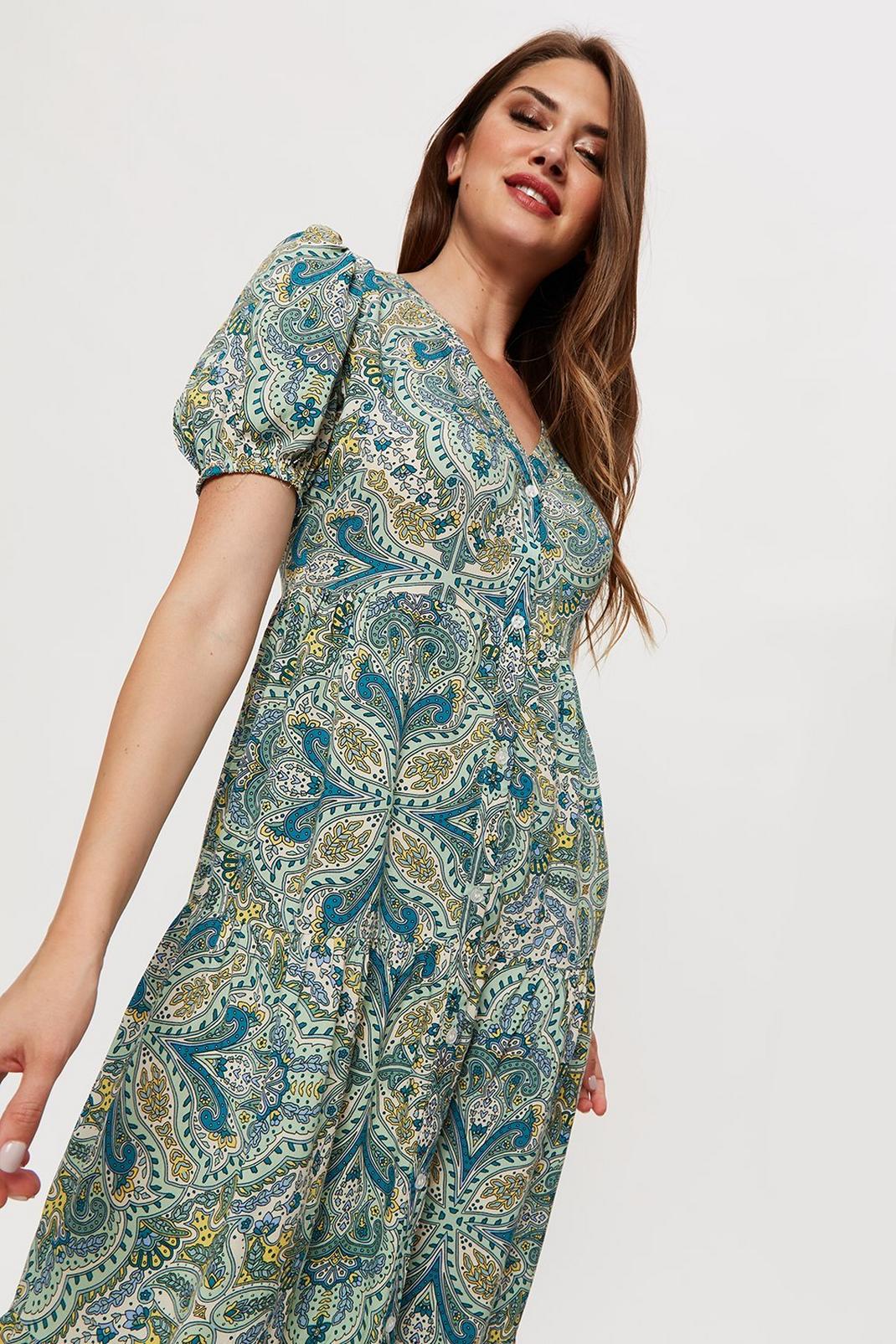 Sage Paisley  Button Tiered Midi Dress image number 1