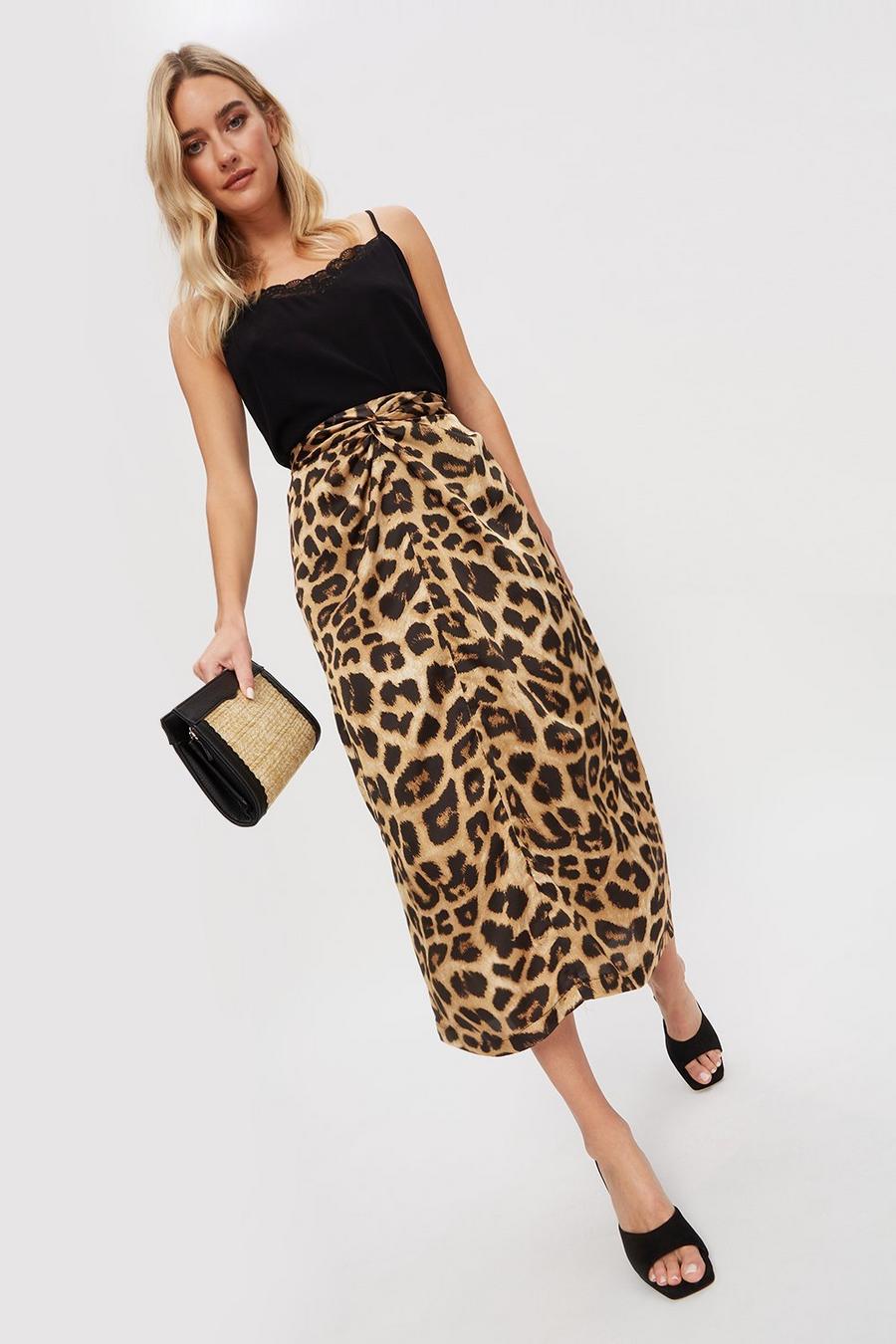 Leopard Satin Knot Midi Skirt