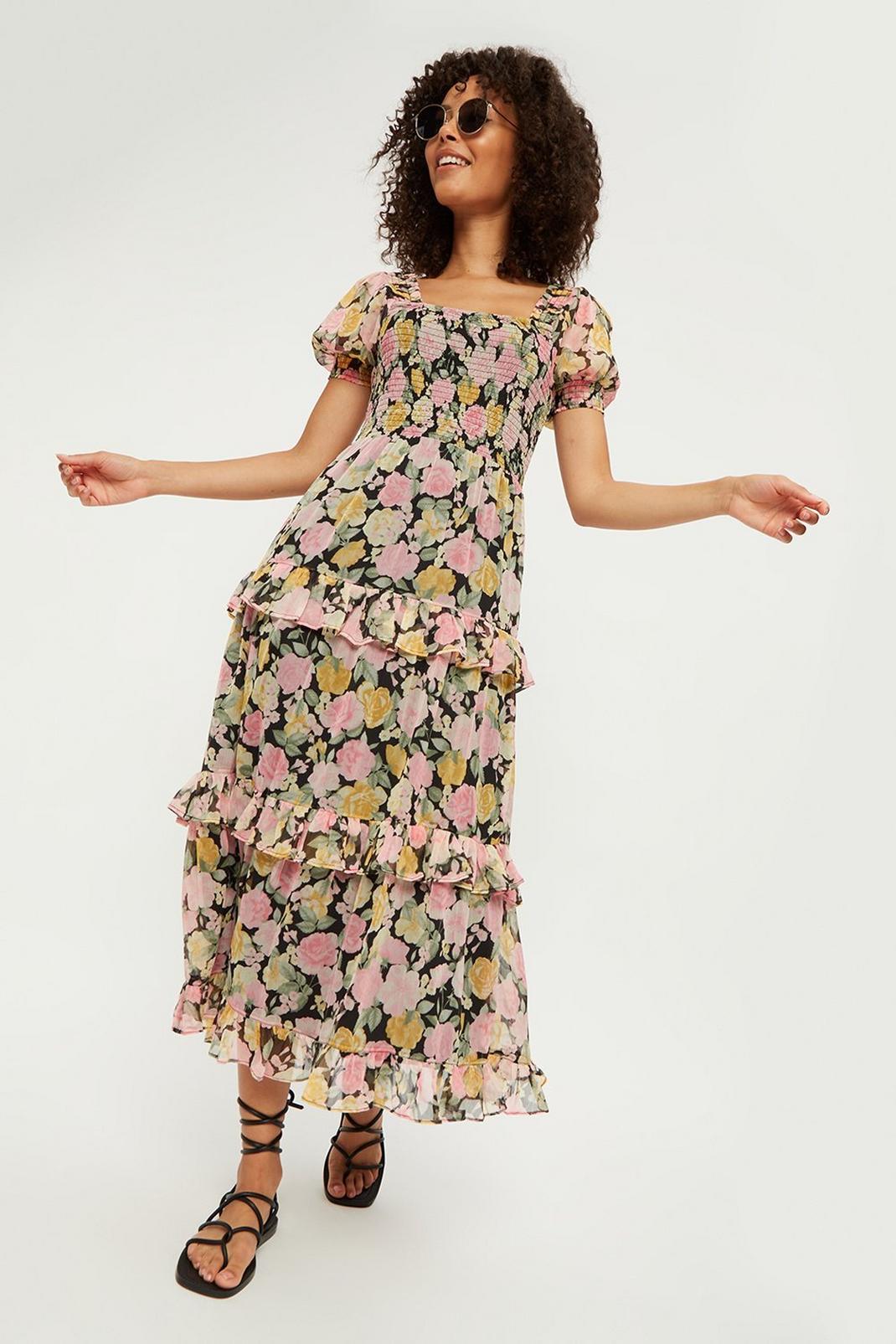 105 Vintage Floral Shirred Bodice Midaxi Dress image number 2